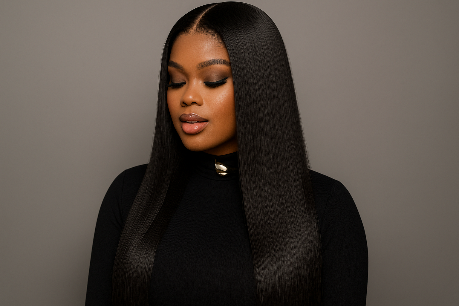 Femme portant une lace wig lisse noire premium - Rendu naturel et brillant - Ms Prettyhair