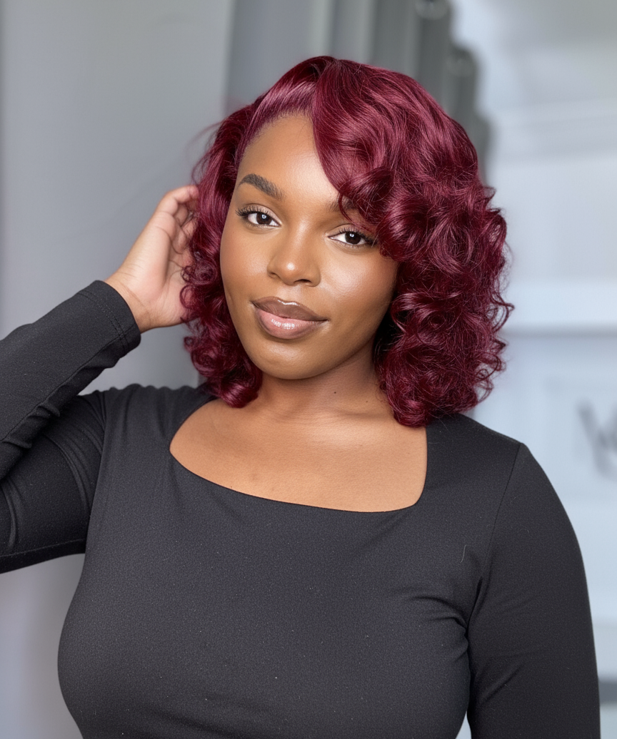 Pose satisfaite main touchant les boucles